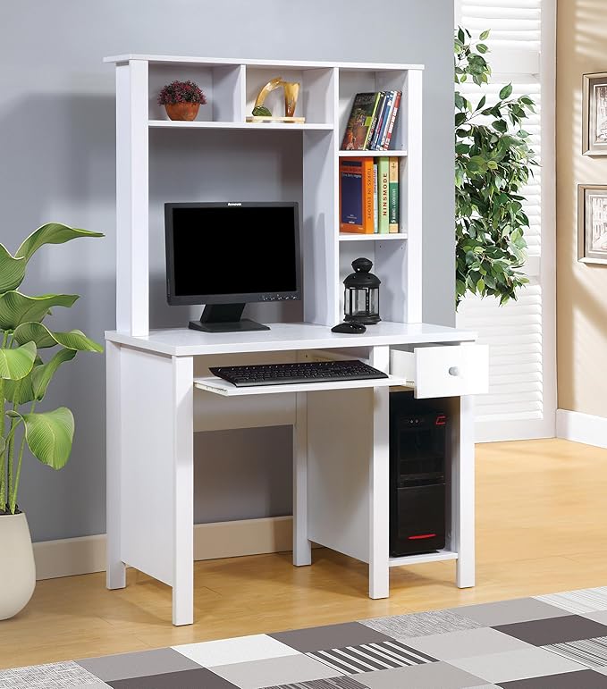 Student Desk with Hutch Home Office Desk 39 W Compact Desk Writing Desk Laptop Desk White One Drawer Keyboard Drawer Wooden Knob