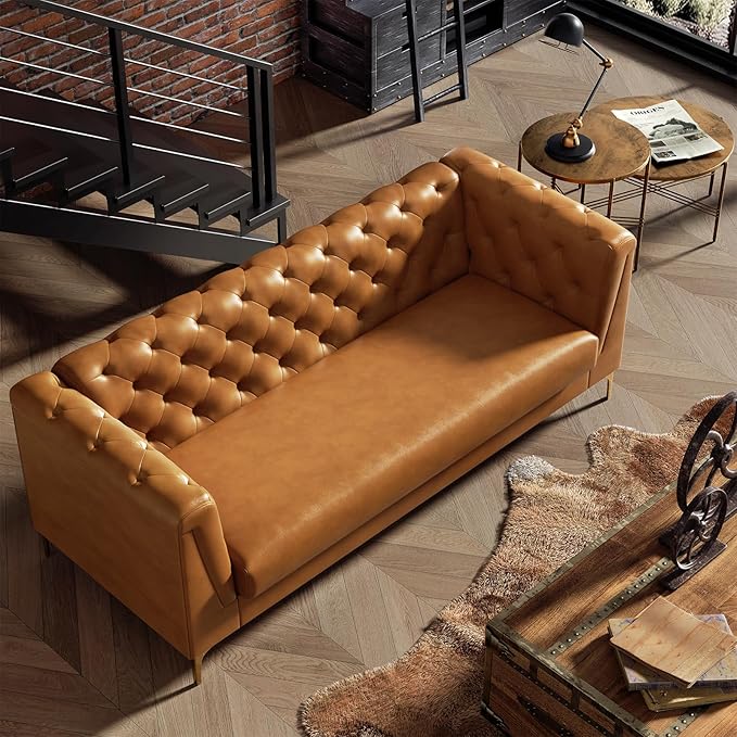 81 Mid-Century Modern Sofa CouchFaux Leather 3 Seater Sofa and Comfortable CushionsComfy Deep Seats Sofa Modern Couch for Living RoomOffice Apartment Small SpaceTool-Free AssemblyBrown
