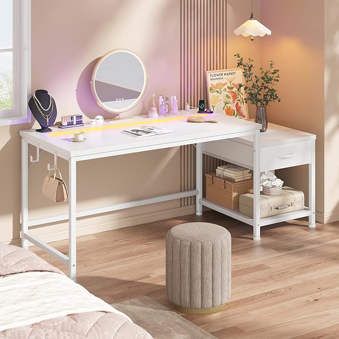 56 Inch White Desk with Drawers &amp Shelf to StorageComputer Desk with Power Outlet &amp LED LightsReversible Office Desk with Hooks for HeadphoneBagsDesk for BedroomDormTeens Study Room