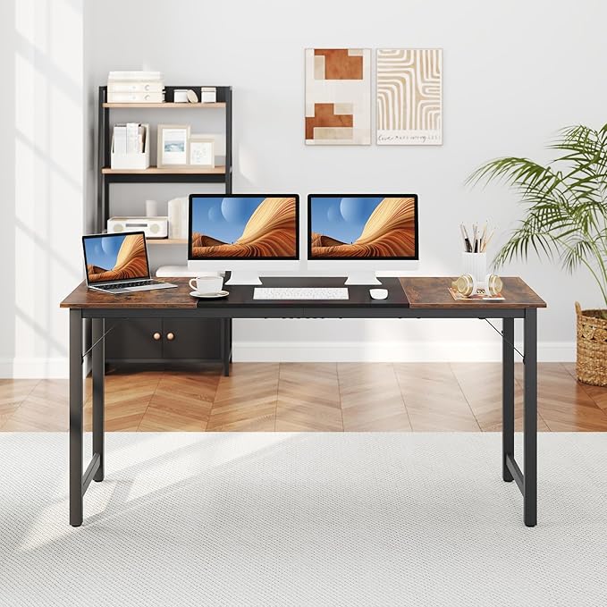 Giantex 63 Inch Computer Desk Modern Simple Office Desk with Triangle Structure Metal Frame Computer Workstations for Home Office Study Conference Room Rustic Brown and Black
