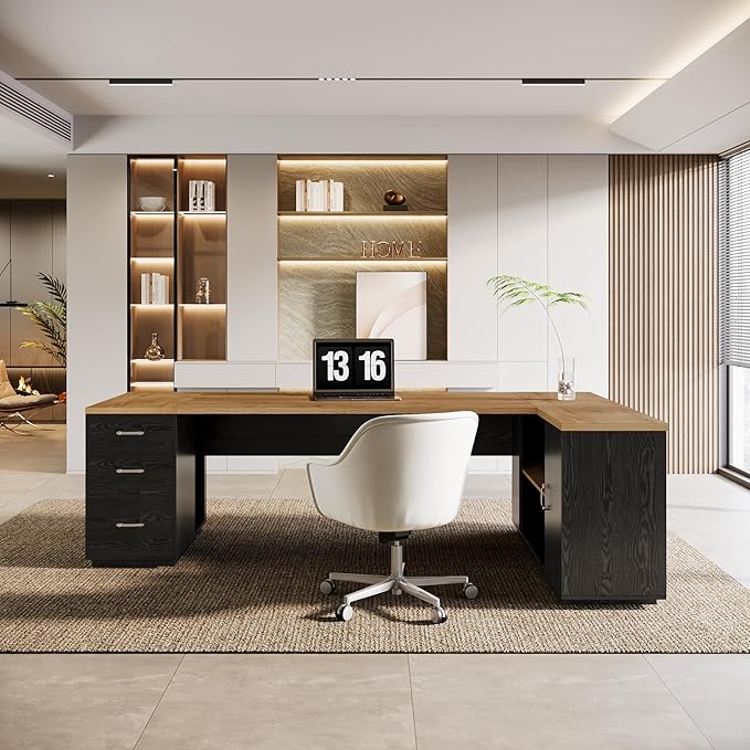 Tribesigns 85.8-Inch L-Shaped Executive Office Desk with File Drawers &amp Storage Cabinet Professional Corner Computer Desk Extra Large Business Workstation with Adjustable Shelves (Light Brown&amp