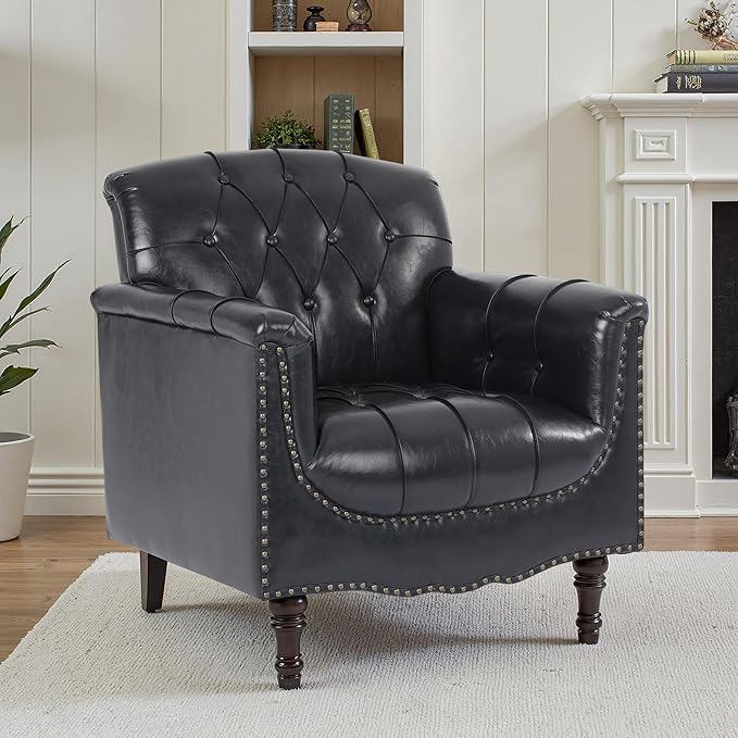 Faux Leather Accent Chair PU Leather Modern Comfy Upholstered Armchair with Wood Legs &amp Nailhead Trim for Living Room Bedroom (Black BlueSet of 1)