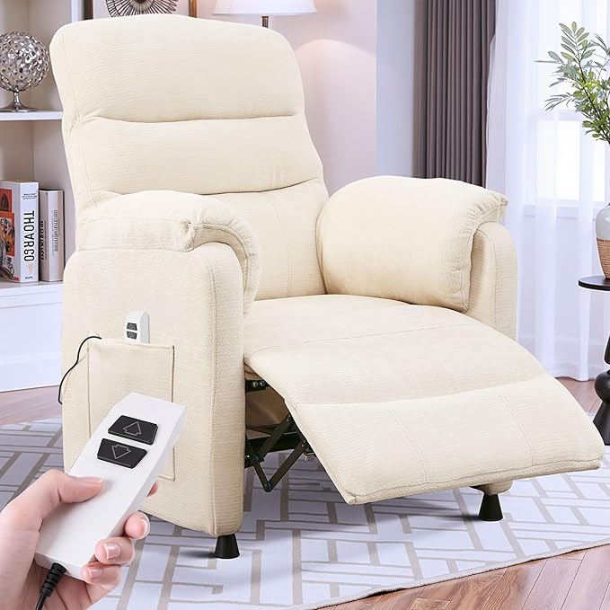 Electric Recliner Chair Power Recliner Sofa with Remote Adjustable Backrest and Side Pocket 7-Zone Support 350 LBS Soft Chenille Fabric Armchair for Living Room Bedroom Off White