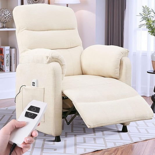 Electric Recliner Chair Power Recliner Sofa with Remote Adjustable Backrest and Side Pocket 7-Zone Support 350 LBS Soft Chenille Fabric Armchair for Living Room Bedroom Off White