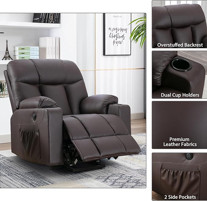 Bonzy Home Lift Recliner Chair for Elderly Oversized Faux Leather Lift Chair with Heat and Massage Extra Wide Single Sofa with 2 Cup Holders Side Pockets USB Port Brown