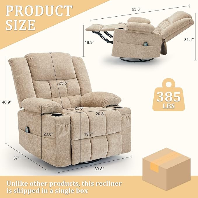 360° Rotating Adult Rocking Recliner Baby Room Glider with Massage and Heating Functions Rocking Chair with Cup Holder Manual Recliner for Living Room and Bedroom (Fabric Khaki)