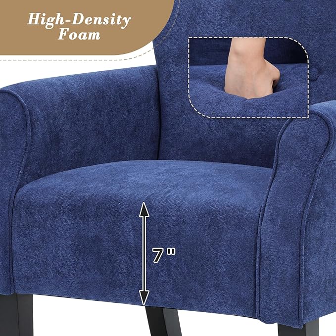 Athena Collection Mid Century Accent Chair with Rubberwood Legs Upholstered Modern Armchair with High Back Tufted Backrest and Angled Back Legs for Living Room Bedroom Vanity Navy Blue