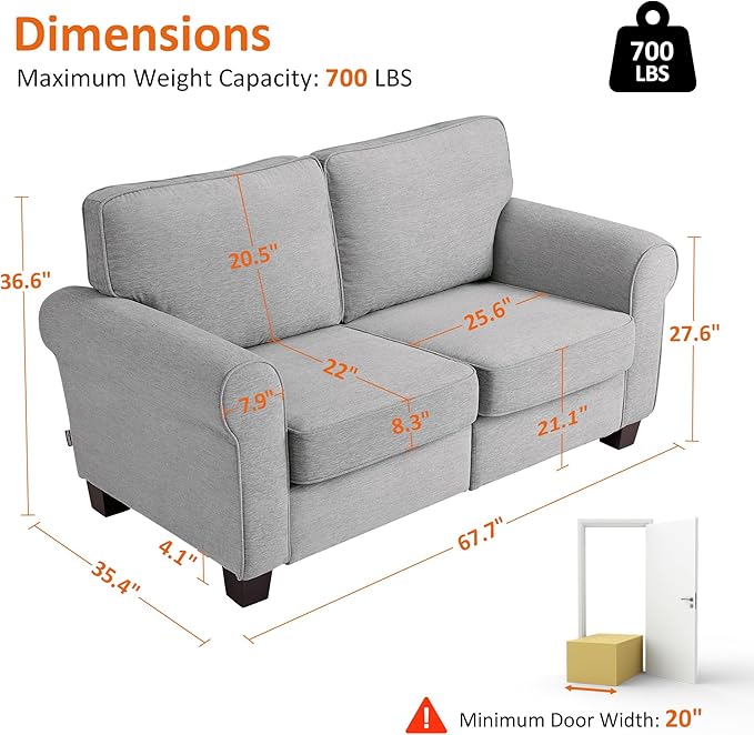 MCombo 67.7 Loveseat Sofa 2-Seater Small Couch for Small Spaces Classic Rolled Arm Upholstered Sofa with Solid Wood Legs for Living Room Removable Cover Chenille Fabric VE730 (Light Grey)