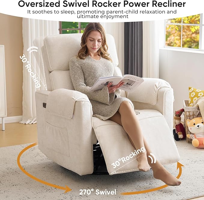 26 Extra Wide Swivel Rocker Recliner Oversized Power Recliner Chair with Adjustable Headrest Chenille Glider Rocking Nursery Chair with USB Ports Overstuffed Armrest Cream