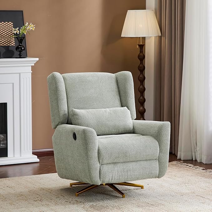 Christopher Knight Home Dolia Boucle Upholstered 360° Swivel Chair Push-Back Power Recliner Chair Iron Recliner Sofa with Rotation Living Room Lounge Sofa Adjustable Backrest Gold+Light Green