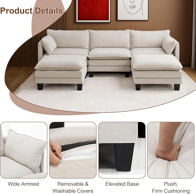 111” Modular Sectional Sofa L Shaped Cloud Couch with Ottoman Chenille Deep Seat Sofa with Pillow for Living Room Bedroom and Apartment 6 Seats Beige