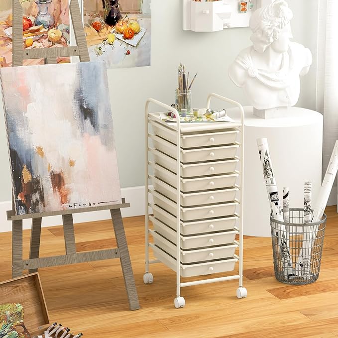 Giantex 10-Drawer Storage Cart w/Universal Wheel Rolling Cart w/Handle Home Organizer Storage Unit w/Removable Drawers Trolley Utility Cart for Kitchen Makeup Living Room Office Play Room Ivory