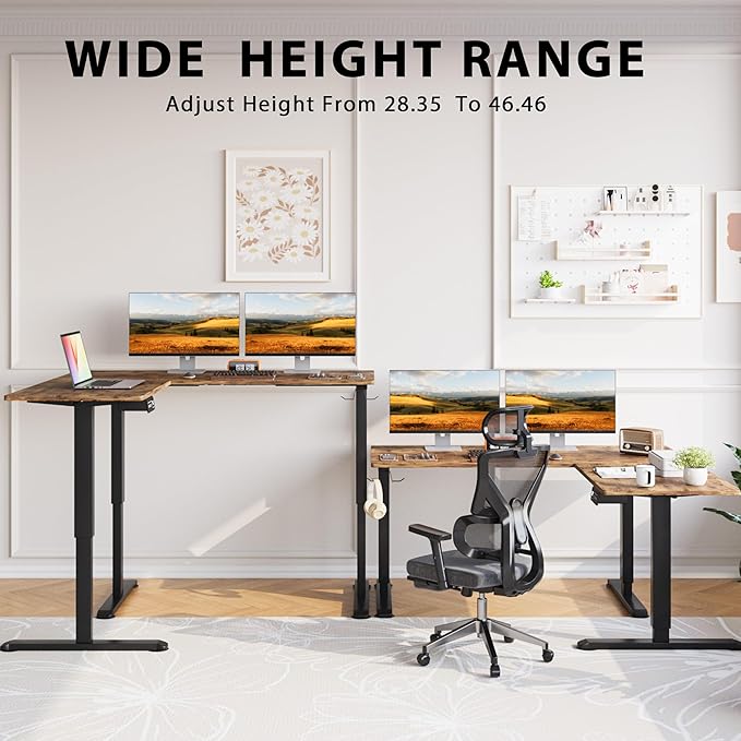 Shahoo L-Shaped Electric Standing Desk 63 x 48 Inches Height Adjustable Coner Table Home Office Computer Workstation Rustic Brown 63 x 48 Inch