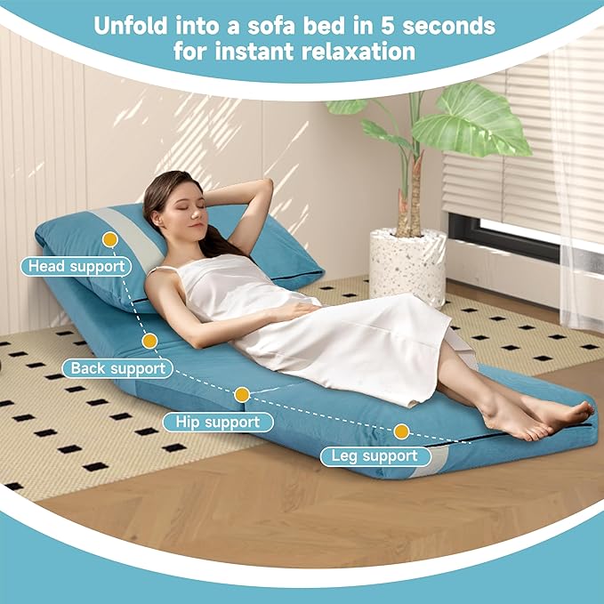 Folding Sofa Bed Set of 2 Convertible Floor Sofa with 6-Position Adjustable Backrest Metal Frame and Handle Futon Floor Couch for Dorm Bedroom Apartment Sky Blue
