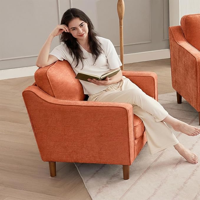 Kingfun Accent Chair Living Room Chairs Mid Century Reading Armchair Chenille with Solid Wood Foot Upholstered Modern Decor for Bedroom Apartment Orange