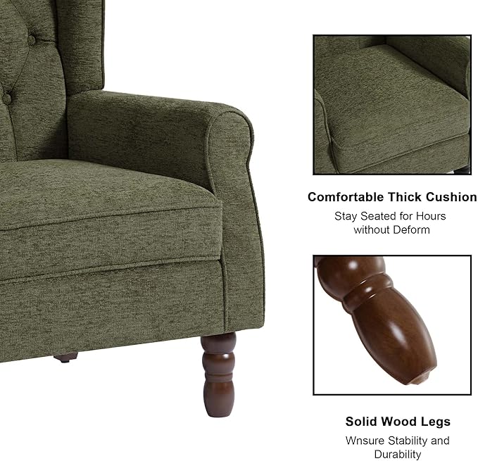Accent Chair Upholstered Armchair with Button Tufted High Back &amp Solid Wood Legs Comfy Wingback Reading Single Sofa Chair for Small Spaces Living Room Bedroom (Green Set of 1)