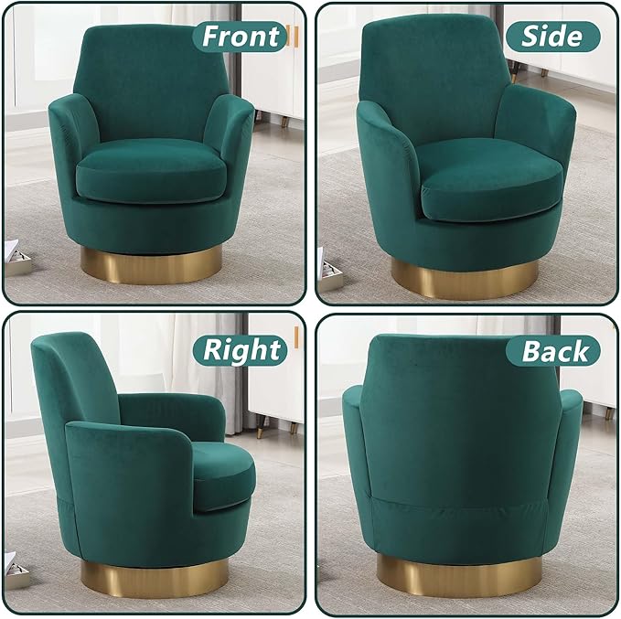 Velvet Swivel Accent Chairs for Living RoomComfy Swivel Barrel Chair with Foam Cushion Round Swivel Chair &amp Boucle Swivel Chair with High Back Round Armrest Gold Base (Green)