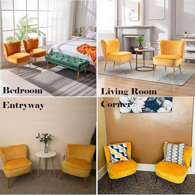 DUOMAY Modern Accent Chair Set of 2 Velvet Slipper Chair with Gold Legs Wingback Side Chair for Living Room Bedroom Entryway Small Corner Chair for Space Saving Yellow