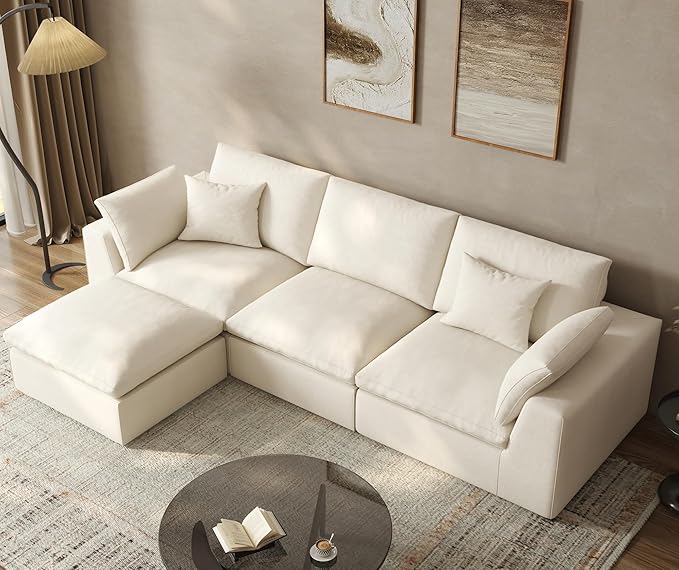 108 Modular Sectional Sofa with blanket4-Piece Boneless Couch Deep Seat Cloud Couch with Ottoman Removable Covers Soft Cushion Support High Back for Living Room/Apartment/Family Lounge Linen Beige