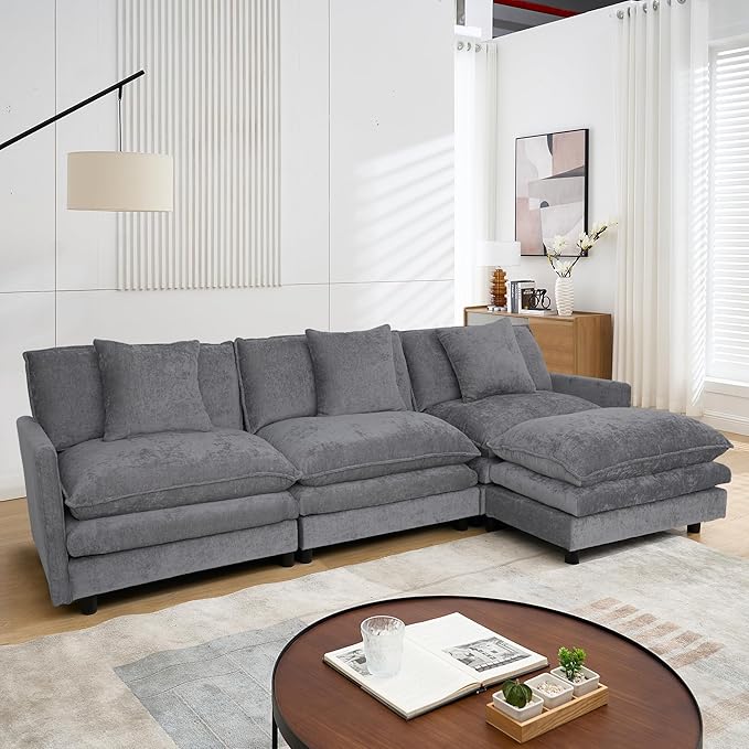 108.27 Modular Convertible Sectional Couch 4 Seat L Shaped Sofa Reversible Chaise Sectional Sofa Deep Seat Cloud Couch Chenille for Home Apartment Dorm