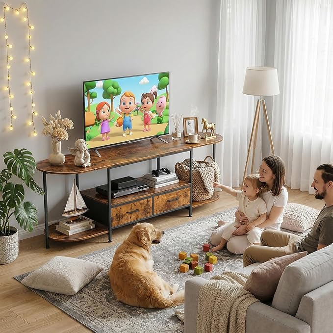 63 TV Stand for TVs up to 75 Inches Curved Edge Media Console &amp Entertainment Center with 2 Fabric Drawers Modern TV Console Table for Living Room or Bedroom Rustic Brown