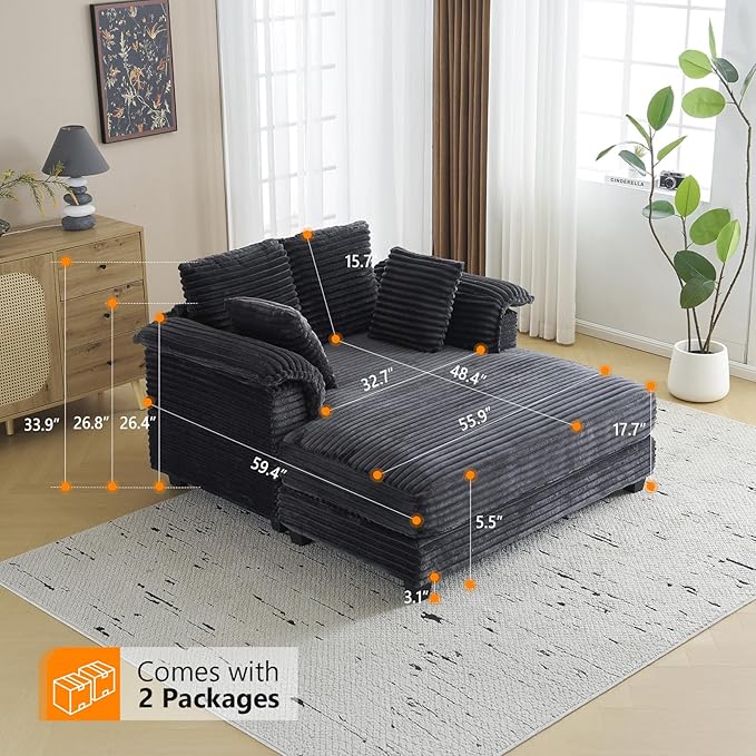 VINGLI Lounge Chair 56 Oversized Reading Chair Corduroy Chaise Sofa Recliner Bed Upholstered Comfy Sleeper Couch with Throw Pillows and Armrests for Living Room Movie Room Bedroom