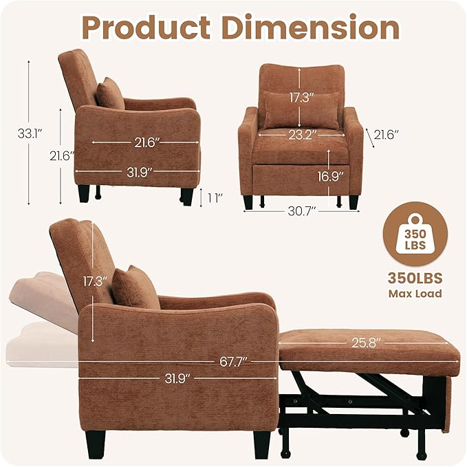3 in 1 Convertible Sofa Bed Chair Pull Out Single Sleeper Chair Bed with Adjustable Backrest Modern Lounge Sofa for Small Space Orange