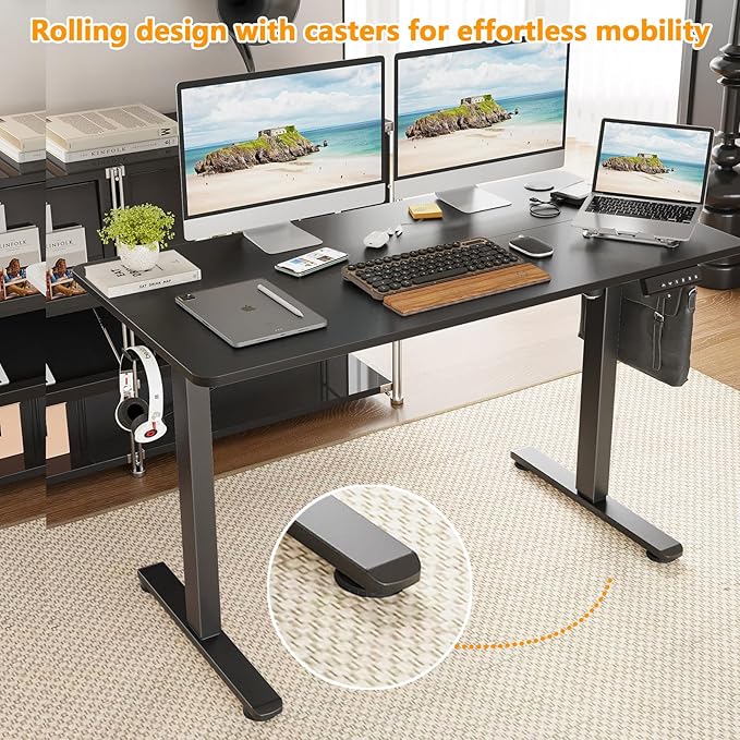48x24 Inches Electric Standing Desk Adjustable Height Wooden Sit Stand Desk Electric Capacity 300lbs Sit to Stand up Standing Computer Desk with Hooks for Home Office (Black 48x24 Inches)