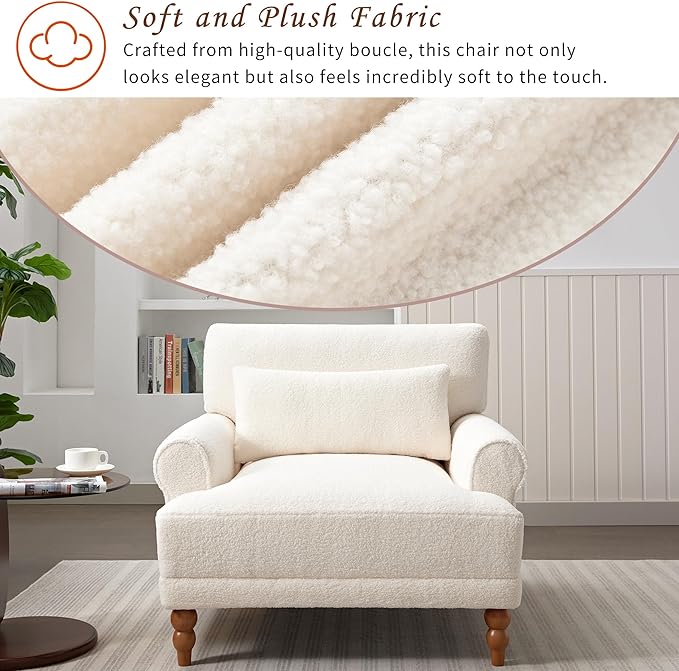 Christopher Knight Home Accent Chair Boucle Club Chair Upholstered Lounge Chair Large Size Armchair Roman Column Legs Cozy Reading Single Sofa Chair for Living Room Bedroom Home Study White