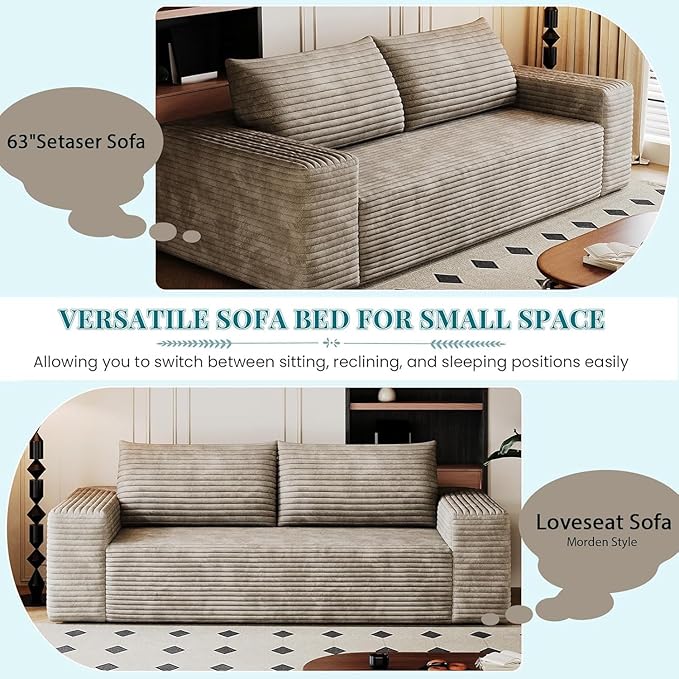 63 Cloud Loveseat Sofa - Boneless Deep Seat 2-Seater No Assembly Foam Floor Couch Plush Corduroy Fabric Modern Living Room Sofa for Small Space Apartment Bedroom Office (Camel) | Boneless Sofa