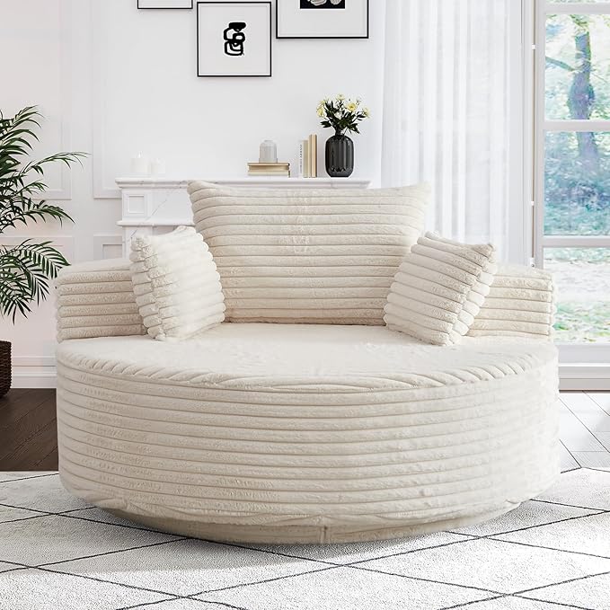 360-Degree Oversized Swivel Chair Modern Round Circle Corduroy Comfy Deep Seat Swivel Accent Chaise Lounge Sofa Chair with Back Cushion &amp 2 Throw Pillows for Living Room Bedroom Office Beige