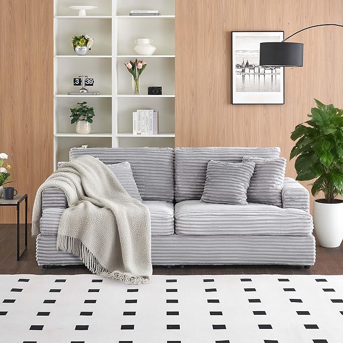Modern Cloud Couch 3-Seater with 4 Matching Toss Pillows 88.58 Soft Corduroy Sofa with Deep Seat for Small Spaces Living Room Apartment(Grey)