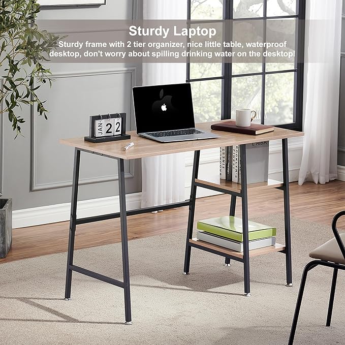 VECELO 43 Inch Writing Desk Home Office Home Office Study Tables with 2 Tier Storage Shelves Eiton Left or Right Side Simple Industrial Style with Adjustable Feet and Water Proof Surface Oak Desk