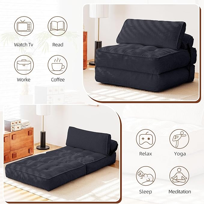 HOMREST Folding Sofa Bed Convertible Sleeping Chair with Backrest Support and Soft Corduroy FabricFold Couch Bed with Pillow for Small Spaces/Living Room/Bedroom/Apartment Single SizeBlack