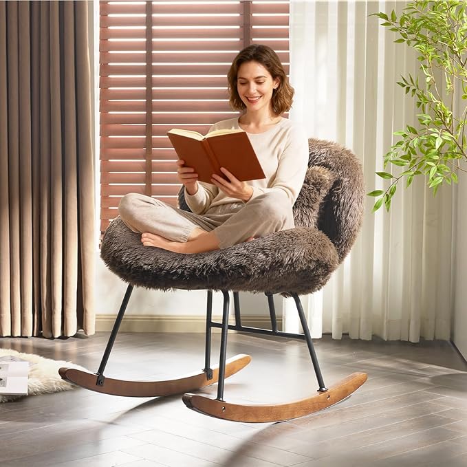 VINGLI 25.6 Wide Nursery Glider Chair 115° Reclining Armless Rocker with Lumbar Pillow &amp Solid Wood Base Plush Fleece Nursing Chair for Bedroom &amp Living Room Chocolate