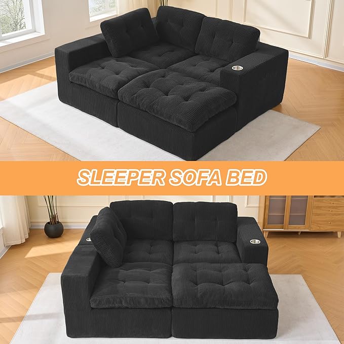 105 L Shaped Modular Sectional Sofa with OttomanCloud Boneless Couches for Living RoomCorduroy Comfy Couch with Chaise and Cup Holder Upholstered Sofa in A Box No AssemblyBlack