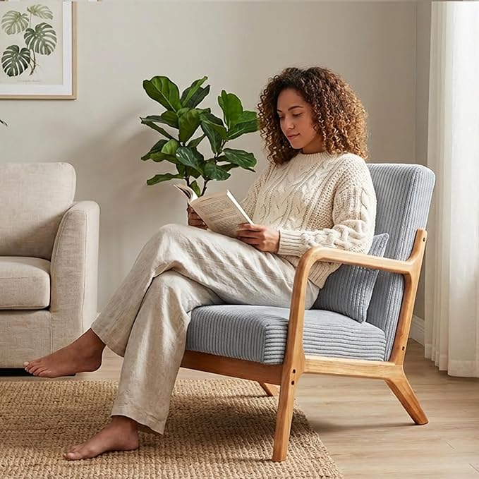 Mid Century Modern Accent Chair Upholstered Corduroy Armchair with Lumbar Pillow Solid Rubberwood Frame for Living Room Bedroom Waiting Room Light Grey