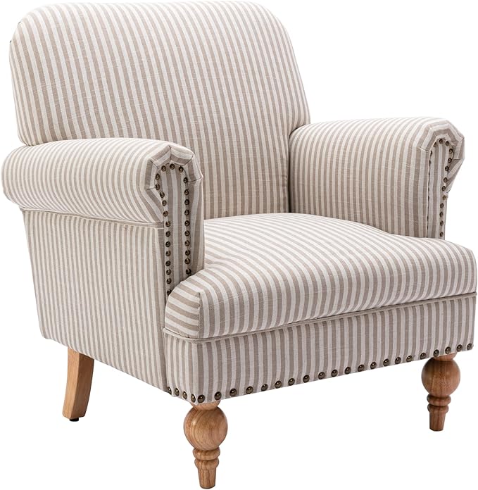 Linen Accent Chair Mid-Century Modern Living Room Armchair with Nailhead Trim &amp Wood Legs Comfy Upholstered Single Sofa Chair for Lounge/Bedroom/Reception Khaki Stripe
