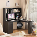 L-Shaped Desk with HutchModern Corner Computer Desk with Power Outlet &amp PegboardHome Office DeskStudy Table Writing DeskCorner Gaming Computer Desk with Storage Black