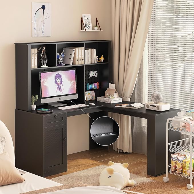 L-Shaped Desk with HutchModern Corner Computer Desk with Power Outlet &amp PegboardHome Office DeskStudy Table Writing DeskCorner Gaming Computer Desk with Storage Black