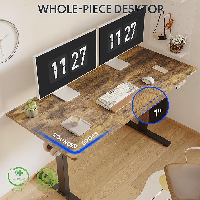 FLEXISPOT One-Piece Electric Standing Desk 55 x 28 Inches Adjustable Desk with Seamless Desktop Memory Controller Height Adjustment (Black Frame + Rustic Brown Desktop 2 Packages)