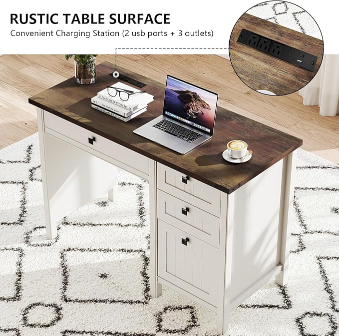 Farmhouse Executive Desk 45 inch Computer Desk with 4 Drawers Smart Charging Station Home Office &amp Study Room Essential for Remote Workers Professionals &amp Students.Antique White