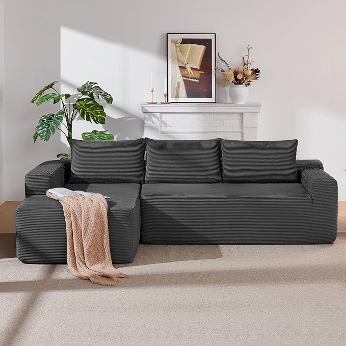 97 Cloud Sectional Couch Modern Boneless Couch with L-Shape Chaise Deep Seat Modular Sectional Sofa Corduroy Corner Foam Couches for Living RoomNo Assembly Required(Dark Gray Left Chaise)