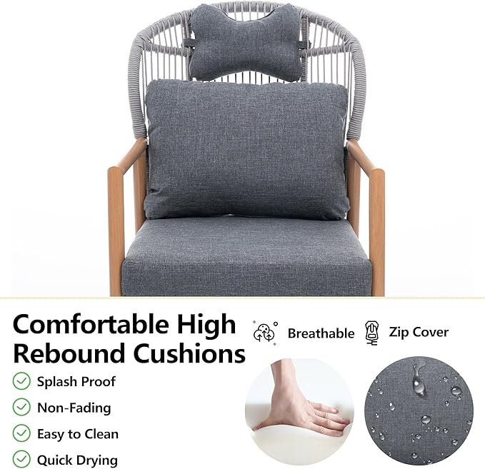 Modern Living Room Chairs Accent Chairs Set of 2 with Coffee Table Comfy Arm Chair with Cushions/Headrest Reading Lounge Chair Rattan Recliner Seating Braid Armchair for Bedroom Grey