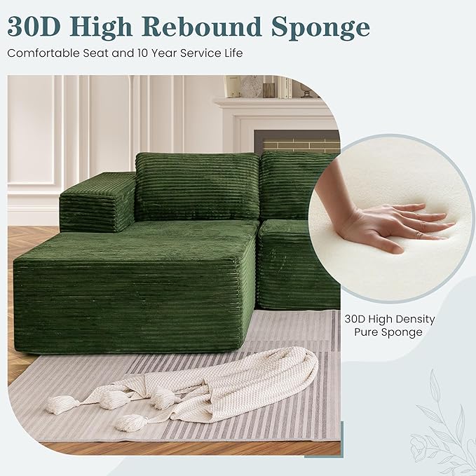 HOMREST 106 Cloud Sectional Couch with Chaise Lounge L-Shape Modular Sectional Boneless Sofa with Deep Seat Upholstered Couches for Living Room Bedroom No Assemble Green (Plush Corduroy Fabric)