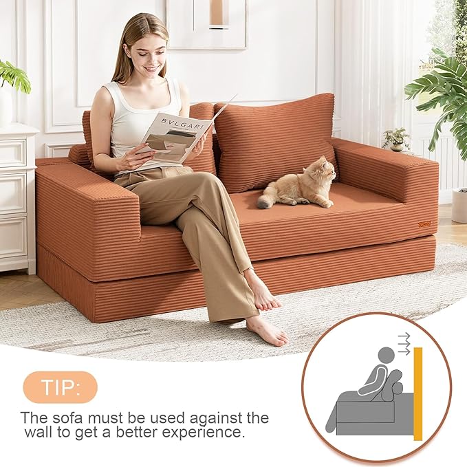 COMAX Convertible Sofa Bed Queen Corduroy Folding Floor Couch Pull Out Couch Bed Futon Sleeper with Pillows Fold Out Boneless Sofa Comfy Lounge Mattress Loveseat for Living Room Bedroom