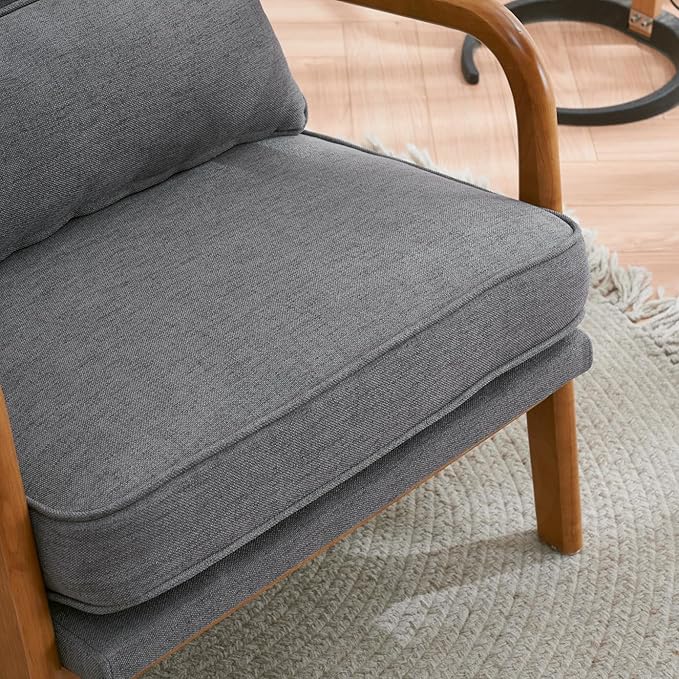 Mid Century Modern Accent Chairs Single Linen Lounge Reading Armchair with Solid Wood Frame Easy Assembly Arm Chairs for Living Room-Grey