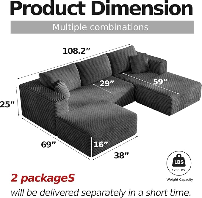 CHORRO107''Sectional Cloud Couch for LivingroomModular Corduroy Boneless Couch U-Shaped Sofa with Chaise and Pillows4-Deep Seat Sectional Sofa with 2 OttomanNo Assembly(Grey)