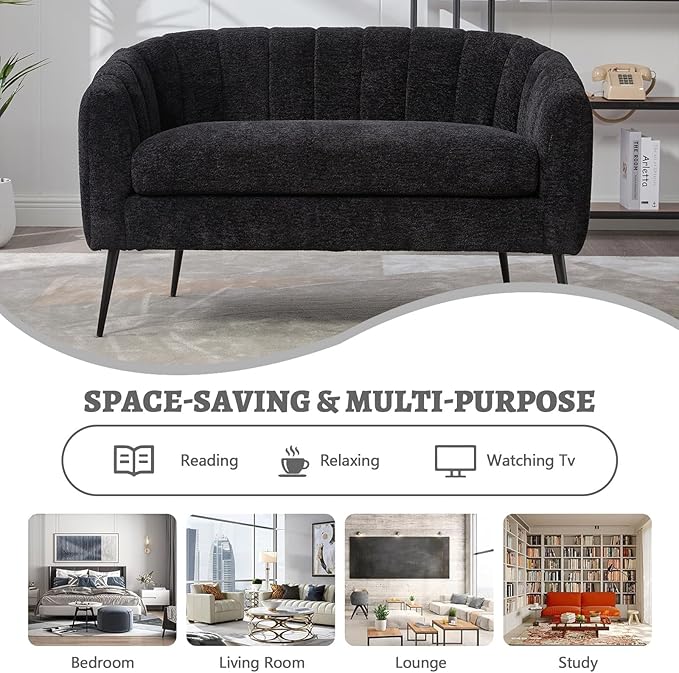 50.2 Small Loveseat Sofa 2-Seater Modern Chenille Couch with Gold Metal Legs &amp Floral Backrest Compact Apartment Sofa for Living Room Bedroom Office Dorm (Chenille Black(50.2''))