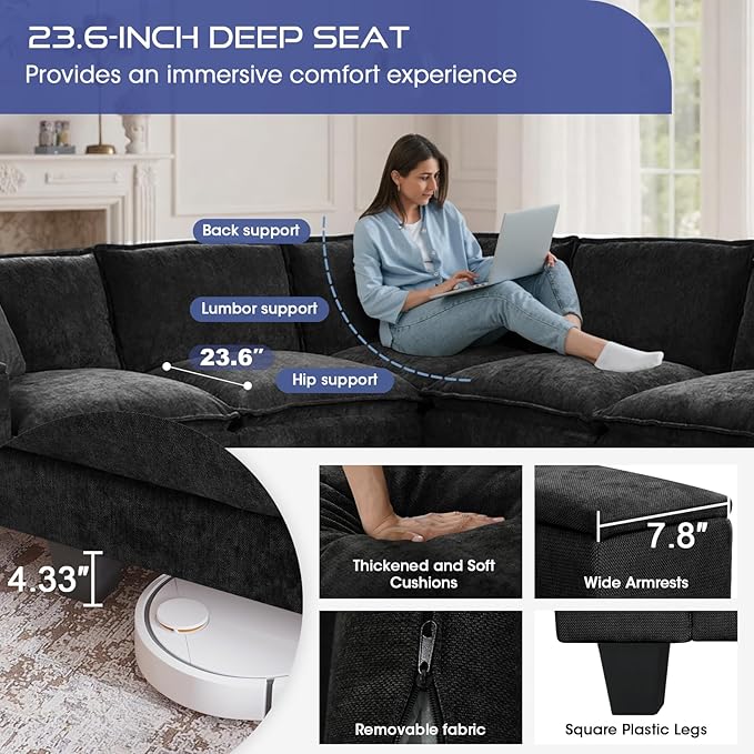 97 5 Seater L Shaped Couch Corner Sofa Oversized Cloud Couch with 2 Pillows Chenille Modular Sectional Sofa Armrests with Two Hidden Storage Space Sectional Couches for Living Room Black